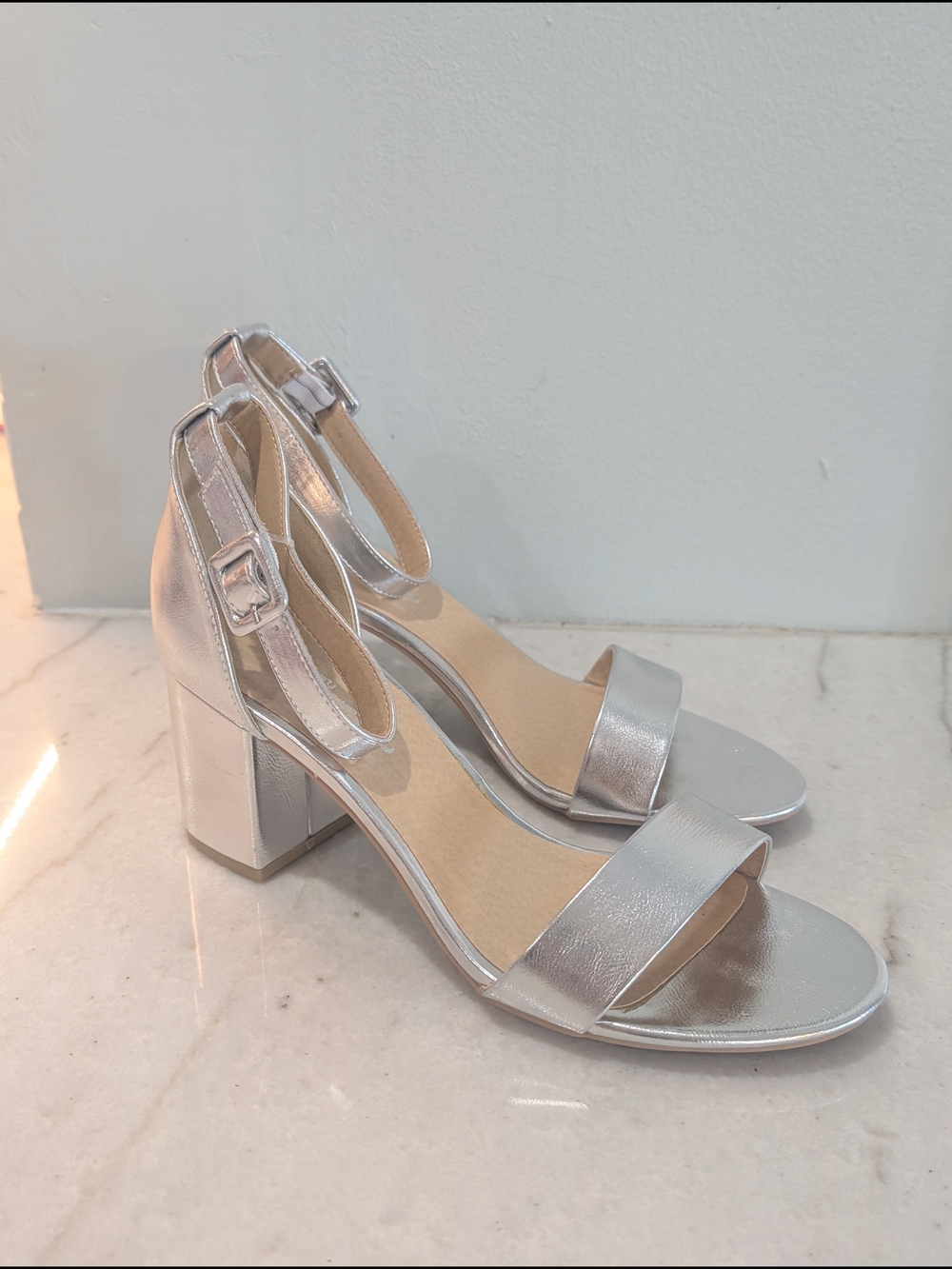 CL By Laundry Silver Metallic Block 3" Heel Ankle Strap Sandals Women's Heels